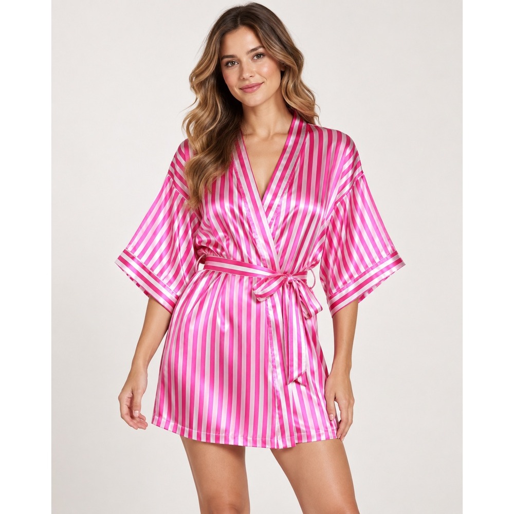 Victorias Secret Pink White Striped Satin Robe Kimono Short Sleepwear Lingerie